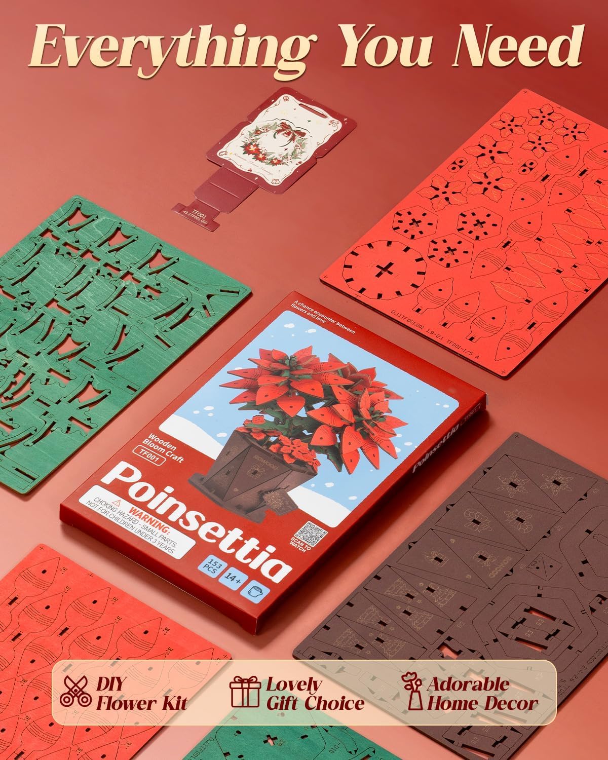 Wowood 3D Flower Wooden Puzzles for Adults-Poinsettia, Mothers Day DIY Wooden Flowers Model Kit Building Set Crafts Gifts, Artificial Botanical Collection Creative Gift Ideas/Housewarming(153PCS)