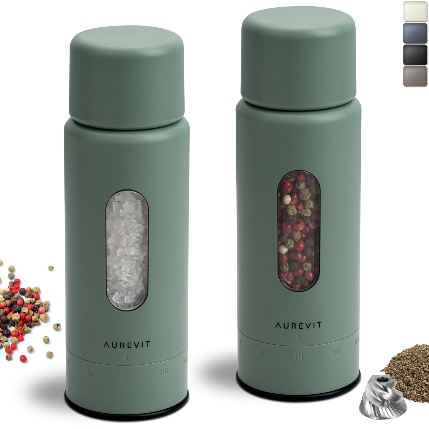 Aurevit Salt And Pepper Grinder Set Manual, Salt And Pepper Mill With Ceramic/Stainless Steel Core, External Adjustable Coarseness, Refillable, Durable (2 Packs, Sage)