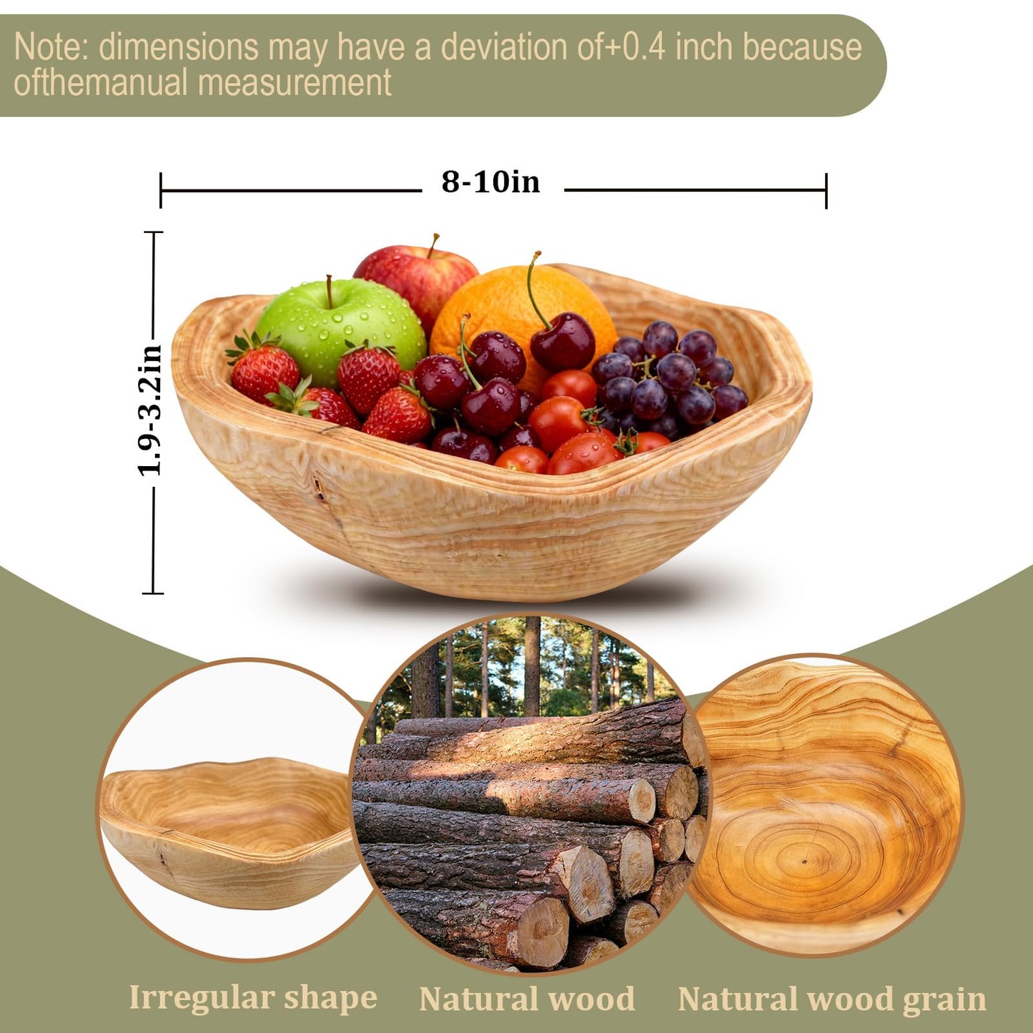 Fakindiy Handmade Wood Kitchen Fruit Bowl 10-12in - Irregular Wooden Decorative Bowl for Kitchen Counter, Wooden Serving Bowl for Salads Snacks Keys and Home Decor
