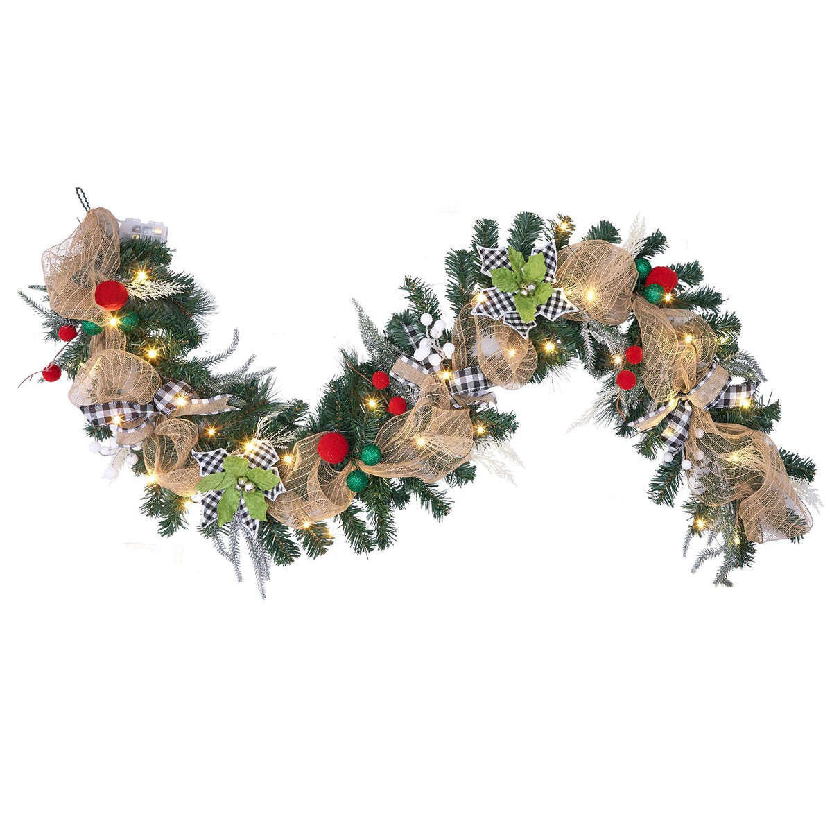 6 feet prelit Christmas Garland,Black and White Buffalo Plaid Christmas Decor with 30 LED Lights, Lighted Buffalo Plaid Decoration for Mantel,Stairs,and Front Door,Xmas Farmhouse Decor.