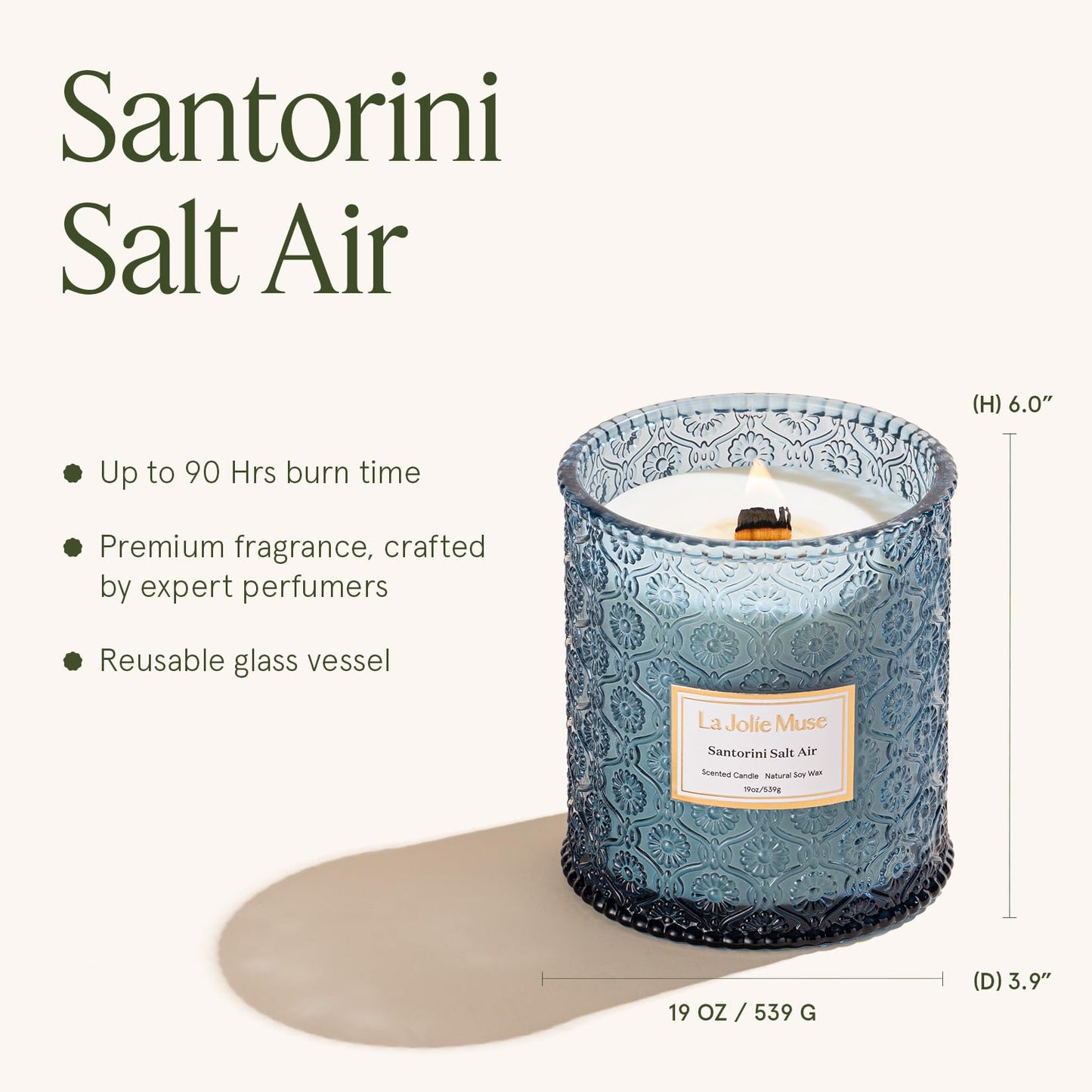 LA JOLIE MUSE Santorini Salt Air Scented Candle for Home | 19 oz Non Toxic Natural Soy | Large Blue Jar Candle | Summer Ocean Candle | Luxury Gifts for Women & Men | Wood Wick