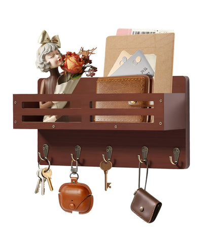 KISENG Key Holder Wall Mount Farmhouse Key Hooks for Wall with Mail Organizer Decorative Key Rack with 5 Sturdy Hooks for Dog Leash, Sunglasses, Rustic, Paulownia Key Hanger for Entryway