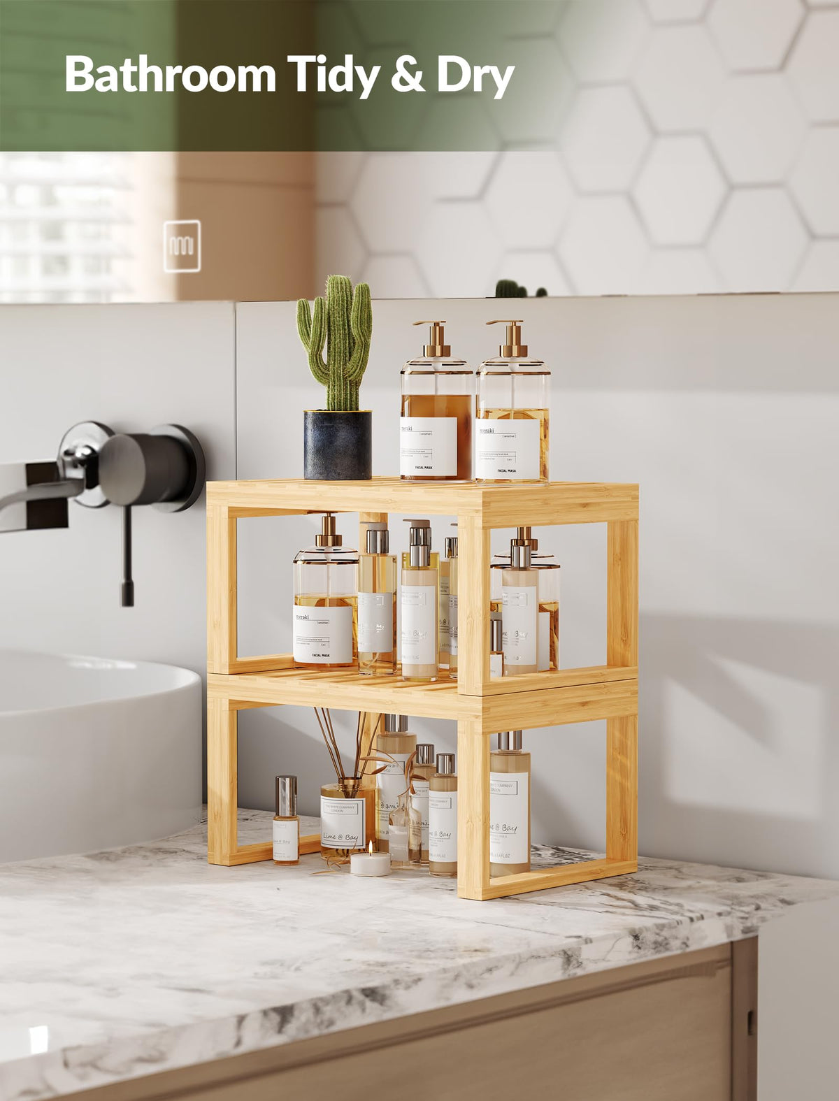 Tomorotec Bamboo Cabinet Shelf, 2 Pcs Kitchen Counter Shelf, Space-Saving Cabinet Organizer for Kitchen, Bathroom and Desk, Multifunctional Storage Rack for Spices, Cans, Toiletries and Stationery