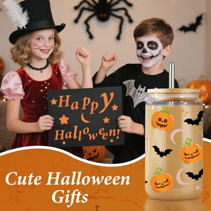 Halloween Gifts for Women 16oz Pumpkin Bat Coffee Glass Cup with Lid & Straw, Boo Basket Stuffers Fall Themed Gifts for Her, Sister, Friend
