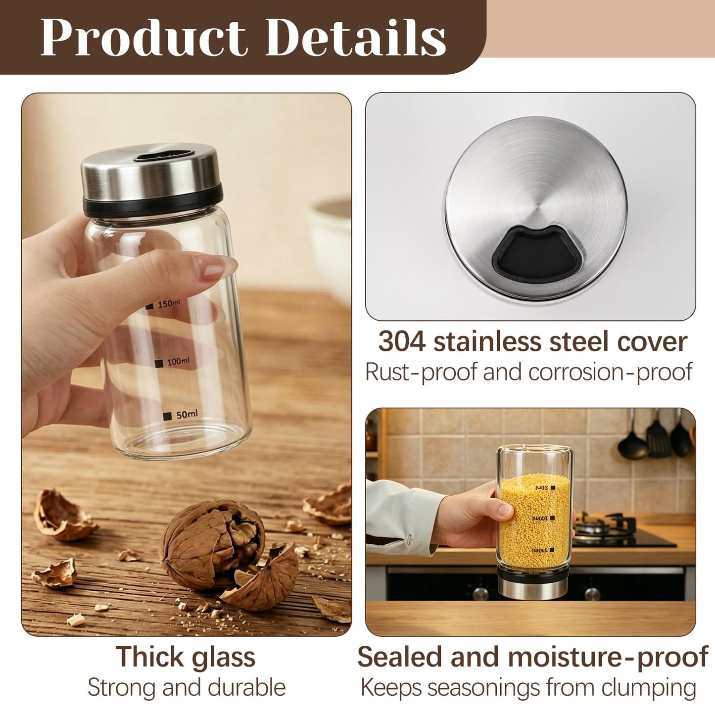 WRENYZK 4 Pcs 150ml Glass Salt Pepper Shakers with 4 Silicone Holders & 1 Brush, Spice Jars with Adjustable Pour Holes, Salt Dispenser for Seasoning Kitchen