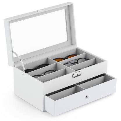 CO-Z Sunglasses Organizer with 12 Slots, Leather Eyeglasses Storage Box for Women Men, 2 Story Lockable Display Case for Multiple Glasses, Sunglasses Jewelry Collection Holder with Drawer, White