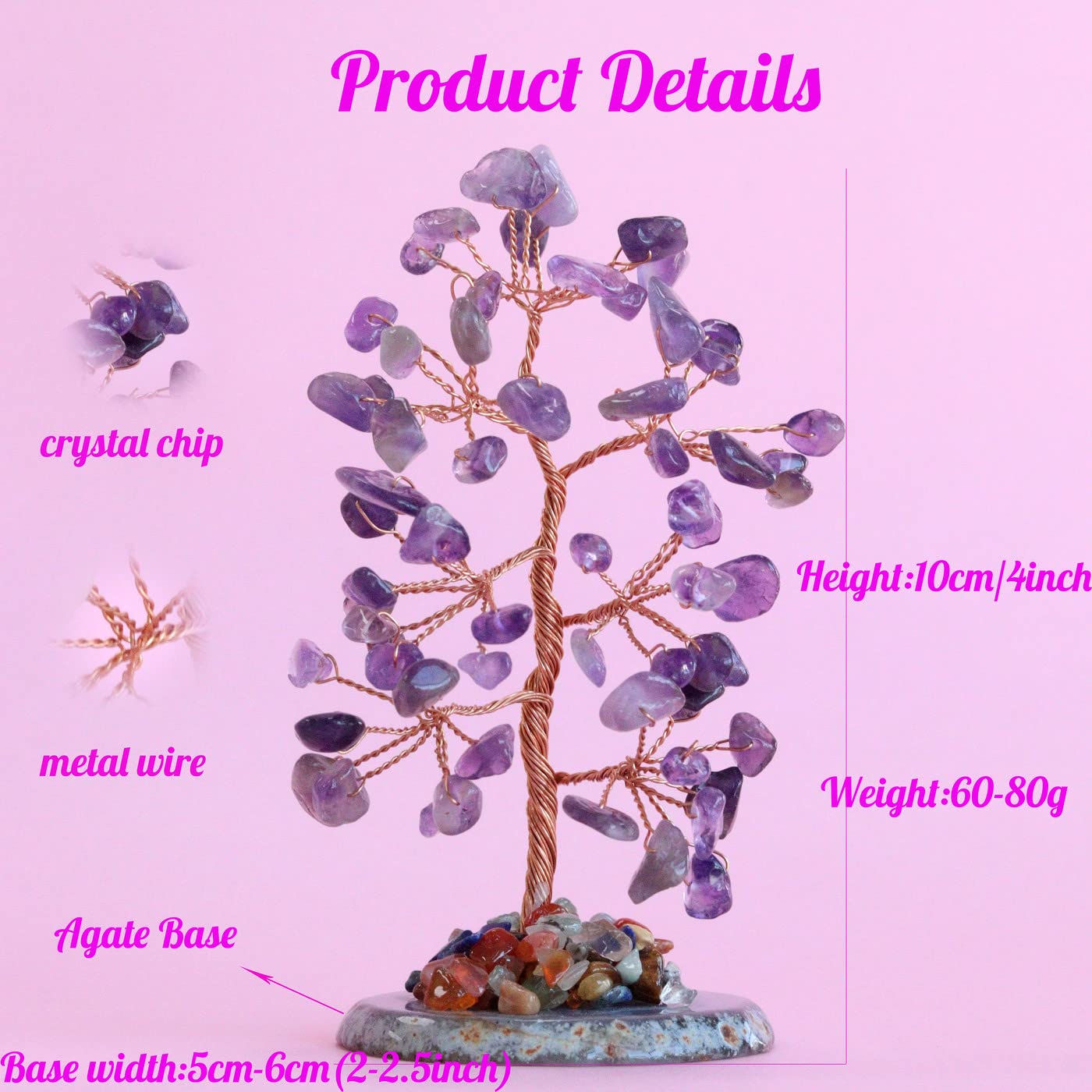 Amethyst Healing Crystal Tree of Life Natural Gemstone Agate Slice Base Copper Wire Wrapped Money Trees Feng Shui Reiki Spiritual Energy Decorations Home Office Room Desk Decor Gifts for Women Men