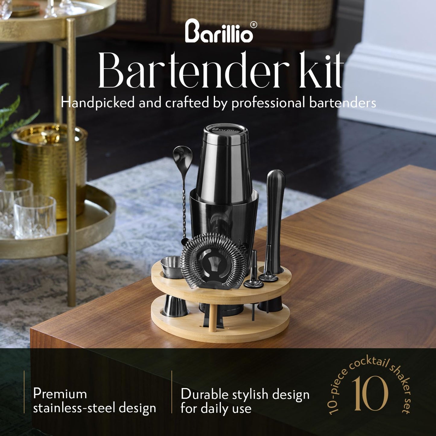 Barillio Black Mixology Bartender Kit with Stand - Cocktail Shaker Set with Bamboo Stand, Boston Drink Shaker, Mojito Muddler, and Drink Mixer Spoon - 9-Piece Bar Tools Set - Bar Accessories for Home