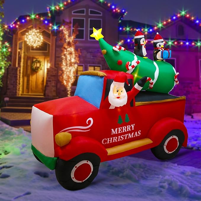 8 FT Christmas Inflatables Decorations Outdoor，Santa Christmas Tree Delivery Truck and Penguin with Built-in LED Lights for Indoor Holiday Party Yard Garden Lawn Décor