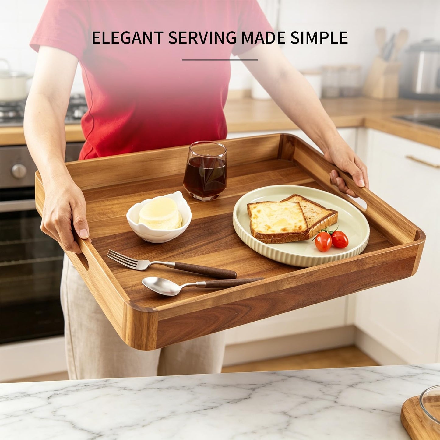 Wooden Serving Tray with Handles,Rustic Ottoman Tray for Kitchen Counter/Coffee Table/Living Room Decor,Versatile Tray for Party Wood ServingTray for Dinner/Breakfast/Snack Entertaining Guests
