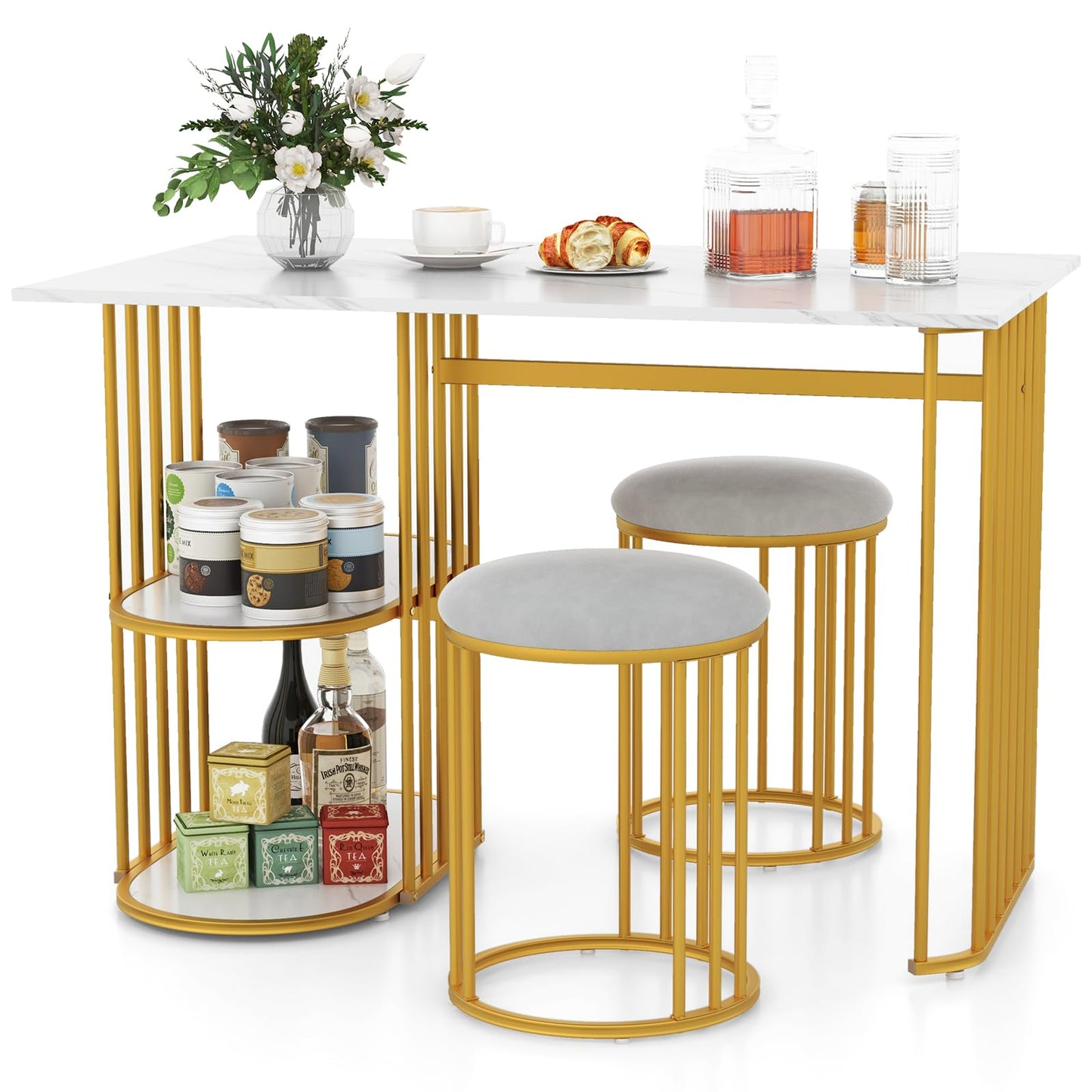 Giantex 3-Piece Dining Table Set for 2, Rectangular Kitchen Table with 2 Stools, 2-Tier Storage Shelf, Upholstered Seat, Faux Marble Top, Metal Frame, Dinette Desk, Breakfast Desk for Small Space