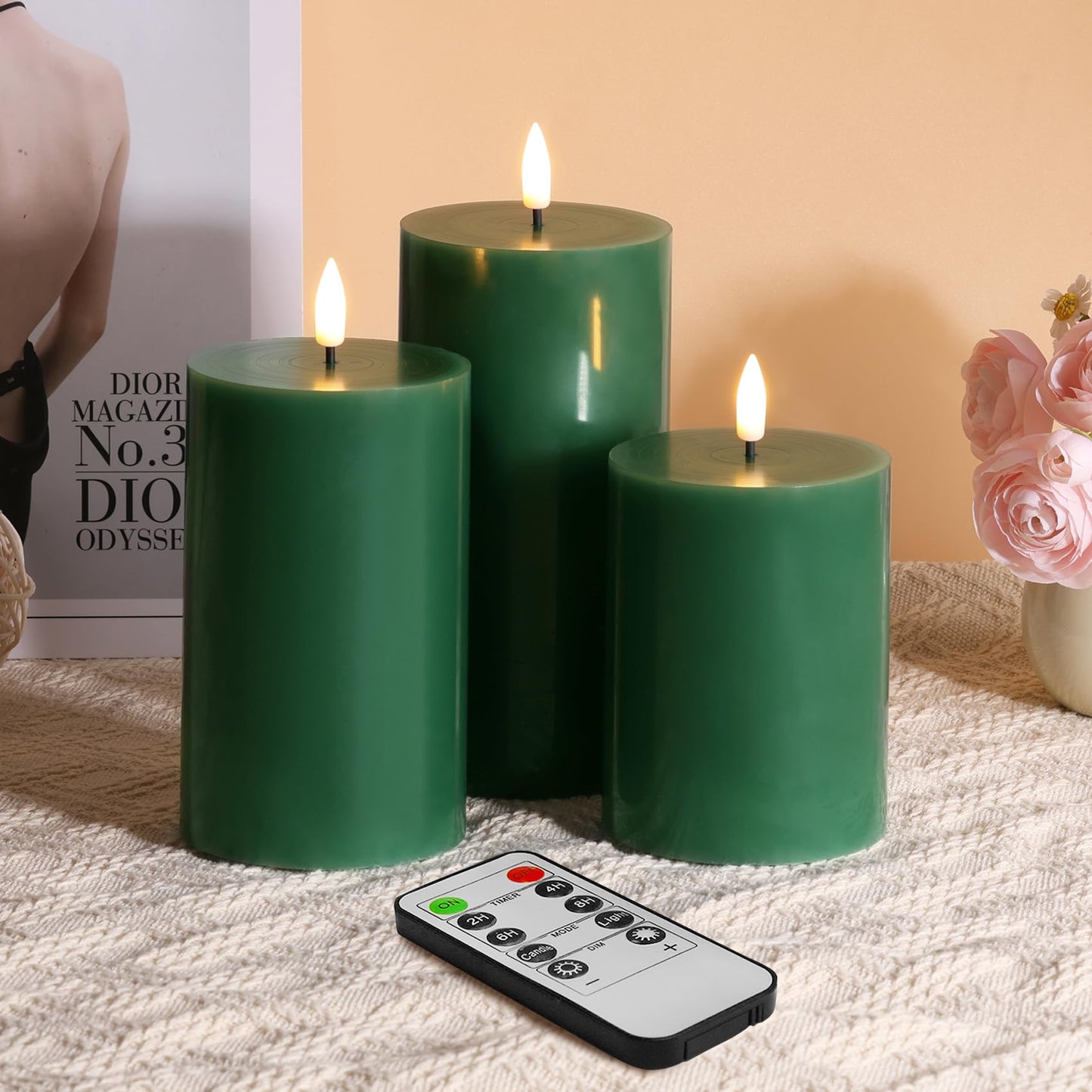 Eywamage Green Christmas Flameless Pillar Candles with Remote, Flickering Battery Operated LED Wax Candles Set of 3