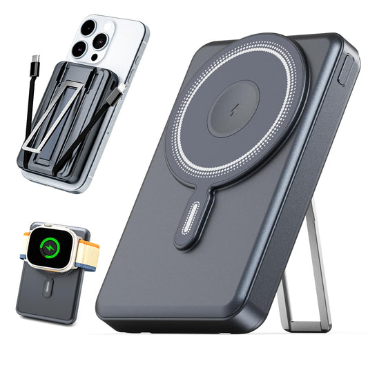 for Magsafe Portable Charger 10000mAh, Wireless Magnetic Power Bank for Apple Watch, 5 in 1 Fast Charging External Battery Pack with Cable and Stand for iPhone 16 Pro Max/15/14/13 Mini(Black)