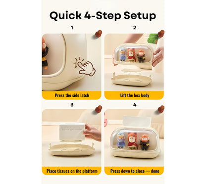 Acrylic Tissue Box with Display Case for Figurines, Dustproof Clear Tissue Holder and Storage Organizer, Compatible with POPMART Collectibles, Desk and Bedroom Decor