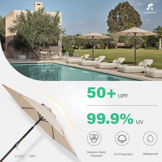 JEAREY 7.5FT Patio Umbrella Outdoor Market Umbrella with 6 Sturdy Ribs, Push Button Tilt/Crank Table Umbrella for Garden, Deck, Backyard and Pool, Beige