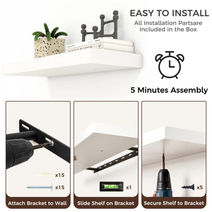 Venusmiles Floating Shelves for Wall, Engineered Wood Wall Shelves with Invisible Brackets for Living Room Bedroom Bathroom Office Kitchen Decor and Storage (White, 24" W x 9" D x 1.5" H) Set of 2