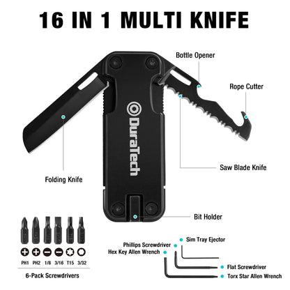 DuraTech 16-in-1 Multitool Knife, Gift for Men, Compact EDC Pocket Tool with Blade, Magnetic Bit Holder, 6 S2 Screwdriver Bits, Bottle Opener & Rope Cutter – Ideal for Camping, Hiking, Survival