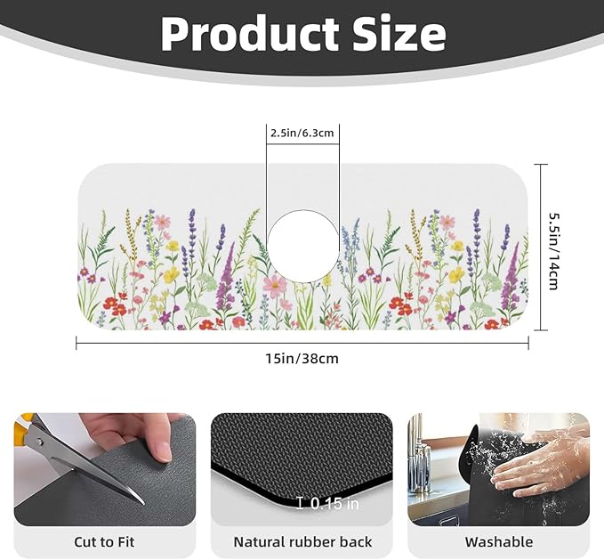 Wildflowers Floral Flower Kitchen Sink Splash Guard Faucet Mat Super Absorbent