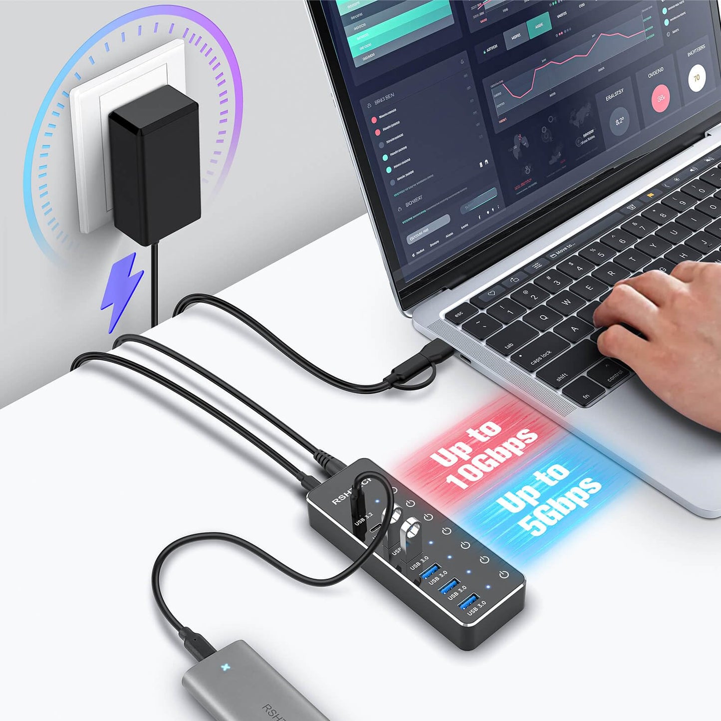 RSHTECH Powered USB Hub 3.1/3.2 Gen2, 7-Port USBC Hub with 4 USB 3.0, 10Gbps USB-A & 2 USB-C Data Ports, Aluminum USB3.2 Splitter for Laptops, PC and More (Upgraded Version, RSH-ST07C)
