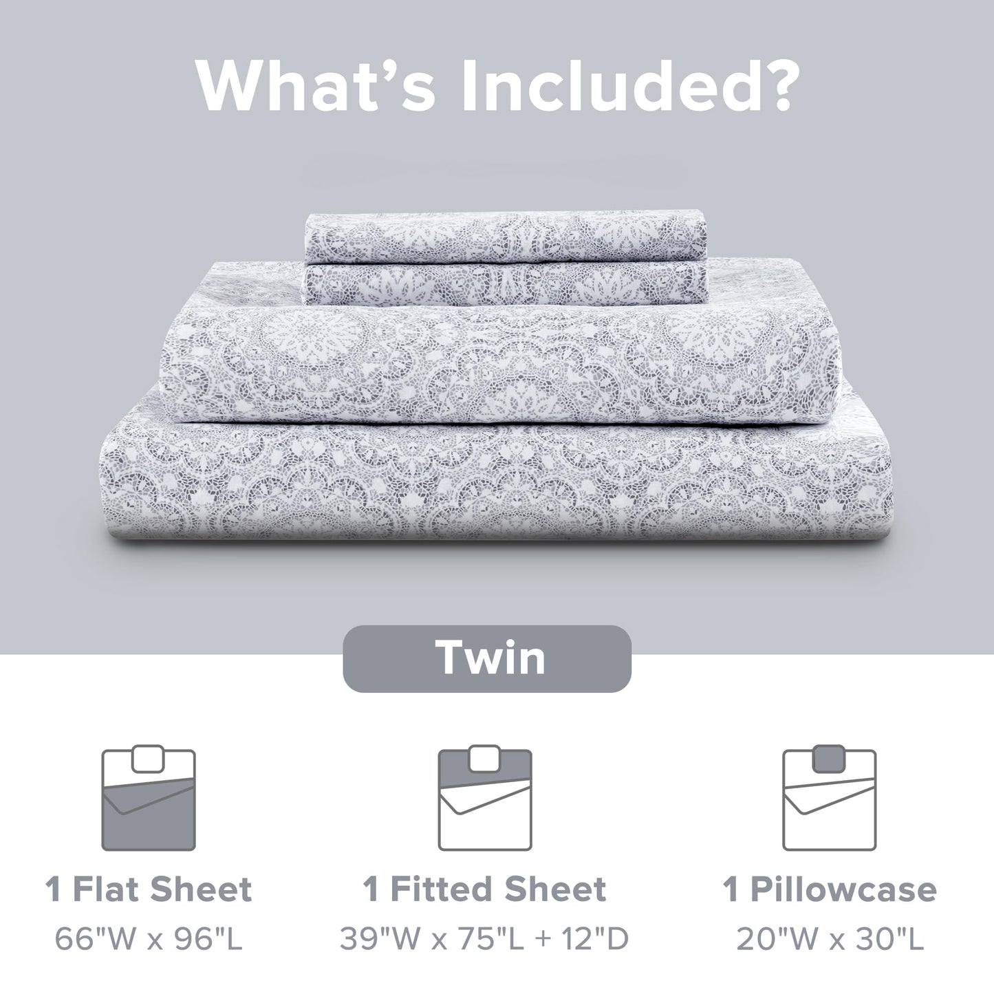 Comfort Spaces 100% Cotton Sheet Set Breathable, Lightweight, Soft with 12" Elastic Pocket Fits up to 14" Mattress, All Season Cozy Bedding, Matching Pillow Case, Twin Adelia Gray 3 Piece