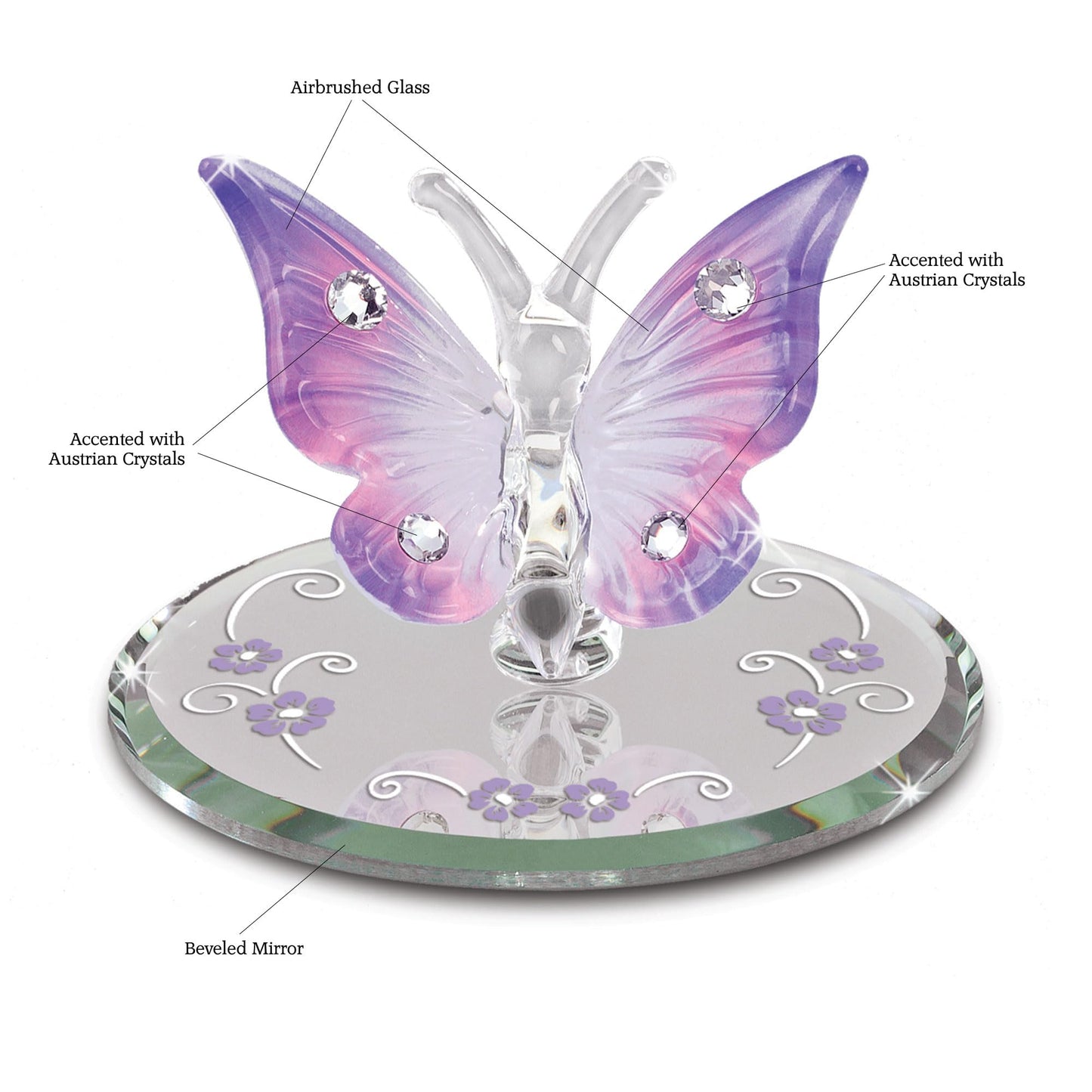 Glass Baron Lavender Butterfly Glass Figure with Austrian Crystal Accents & Airbrush Color, Mini Handmade Butterfly Figurine, Tabletop Home Décor