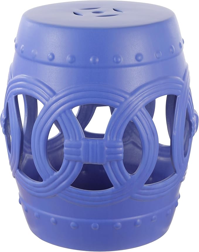 JONATHAN Y TBL1022D Lucky Coins 16" Chinese Ceramic Drum Indoor/Outdoor Garden Stool Bohemian, Coastal, Cottage, French Country, Traditional, for Living Room, Garden Room, Patio, Matte Blue