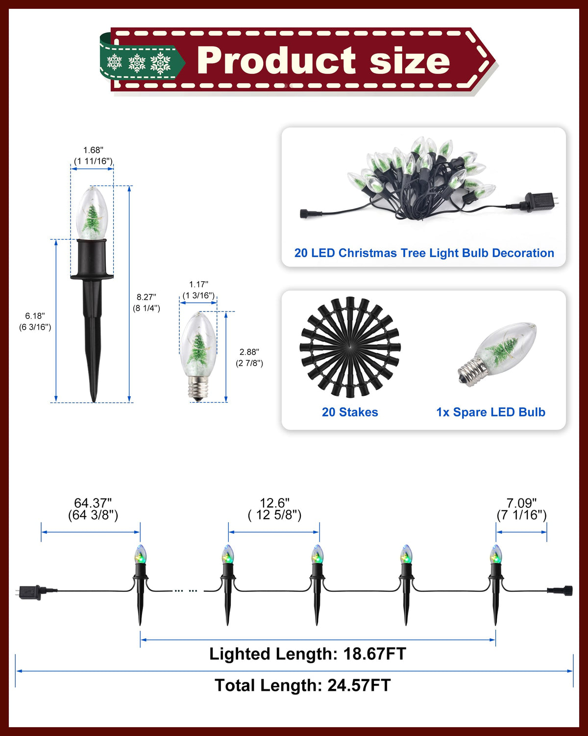 Christmas Pathway String Lights Outdoor- LED 24.5ft Christmas Path Marker Light with 20 C9 Christmas Tree Light Bulbs Decor, Connectable Waterproof Walkway Lights with Stakes for Xmas Lawn Yard Garden