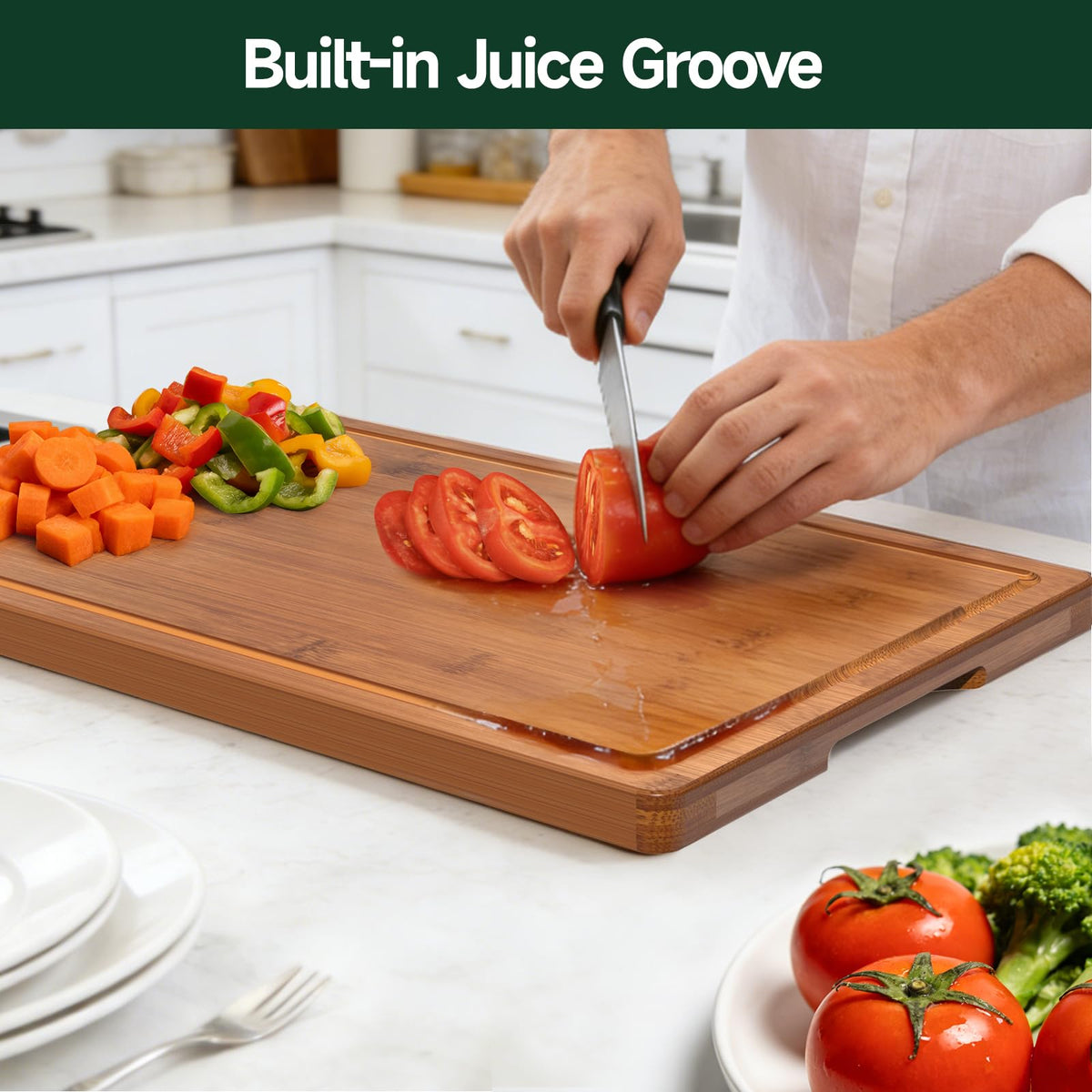Zeawec 3-Piece Set Deep-Carbonized Bamboo Cutting Board for Kitchen - Crack-Resistant Wood Chopping Boards with Deep Juice Grooves, Pre-Oiled Butcher Block for Meat, Vegetables & Cheese, Carbonized