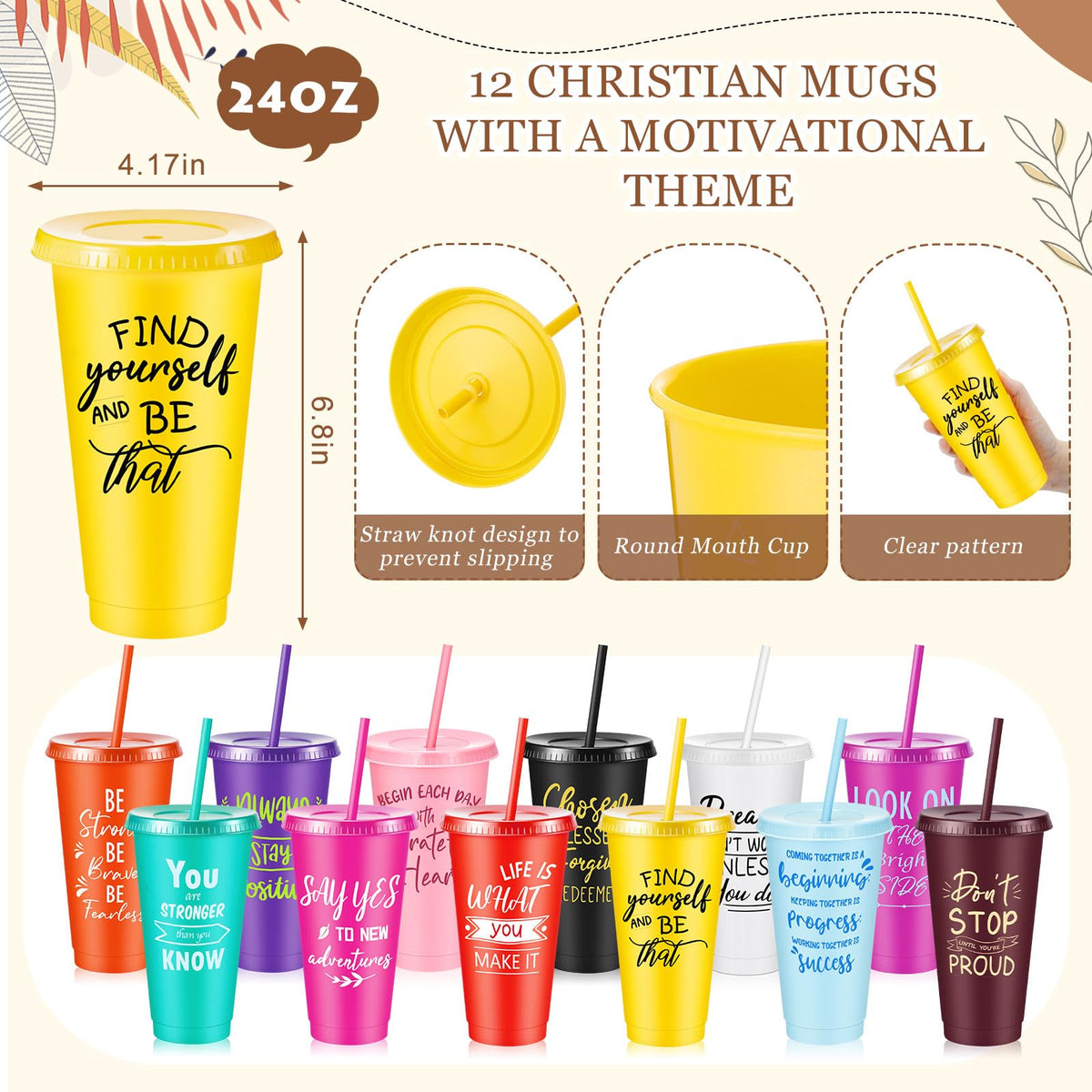 Hollowfly 12 Sets / 48 Pcs Inspirational Gifts Bulk for Employee Appreciation, 24 oz Plastic Cups and Pens Notebooks Keychains Set, Group Gifts for Office Staff Coworkers (Colorful)