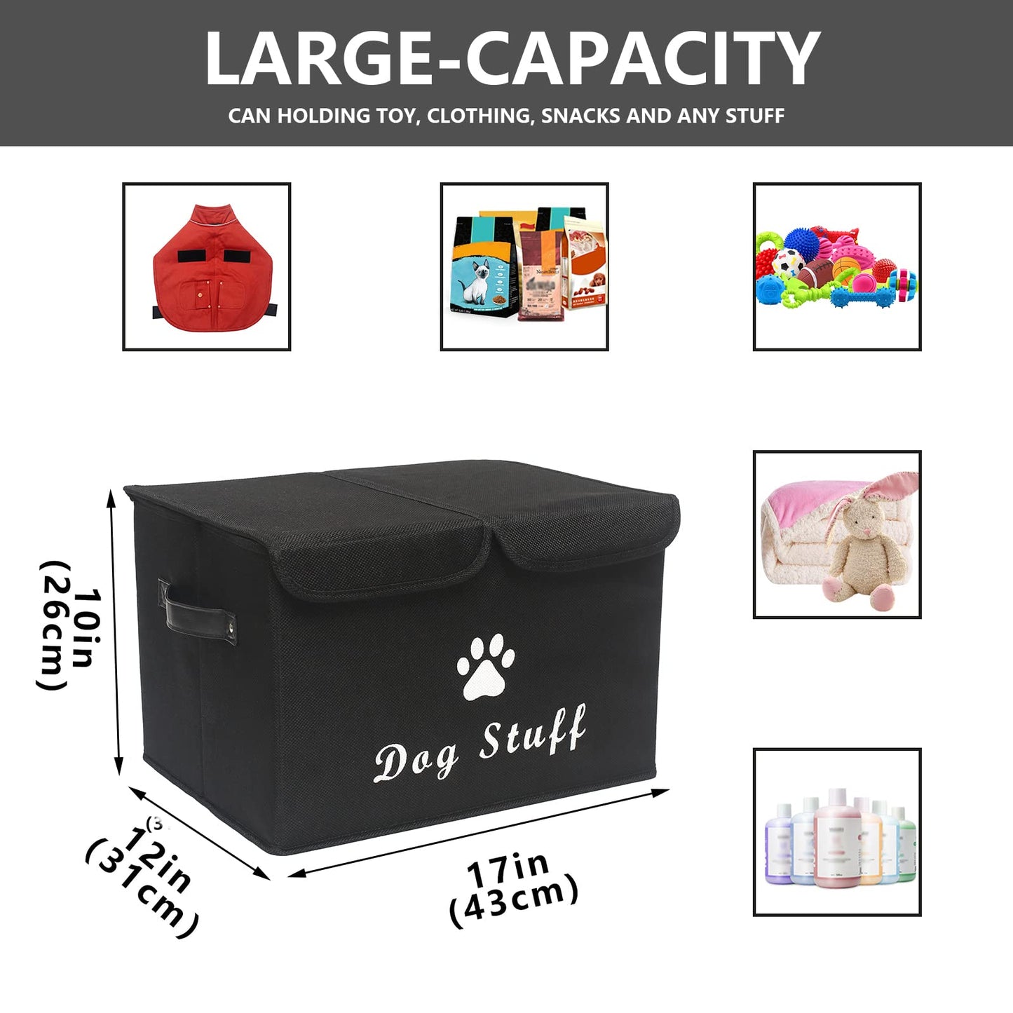 Dog toy box basket storage with lid perfect basket for dog toys grooming stuff living room playroom closet home organization - Dog - Black