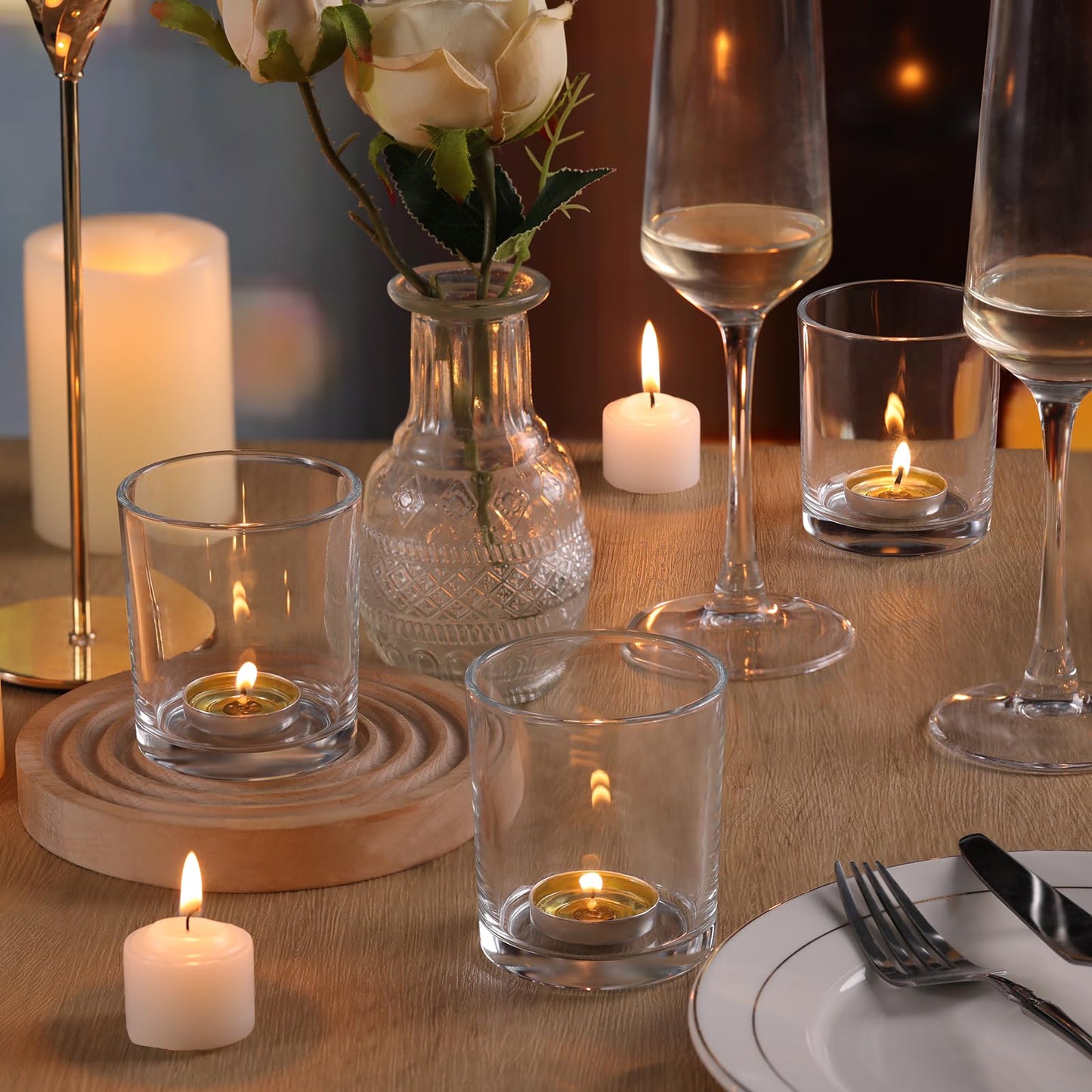 DARJEN Larger Clear Votive Candle Holders Set of 6- Tea Light Candle Holder Glass, Clear Candle Holders for Wedding, Party and Home Decor, Table Centerpiece