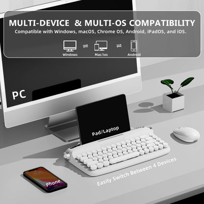 YUNZII Upgraded Wireless Typewriter Keyboard,with Retro Integrated Stand,USB-C/Bluetooth,Cute Round Keycaps, USB-C/Bluetooth Connection for Table, Phone, PC and Win/Mac/Android (B309, Baby Pink)
