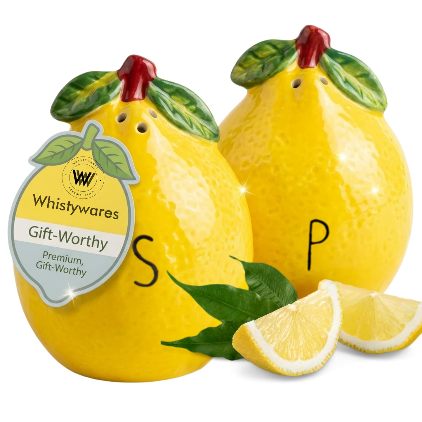 Whistywares Lemon Salt and Pepper Shakers Set - Colorful Ceramic Design - 200ml, 105g - Non-Fading, Dishwasher Safe, Easy Refill - Stable Base - Citrus Kitchen Essential, Home Decoration