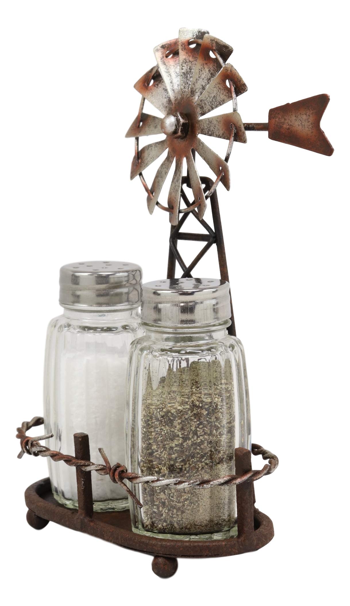 Ebros 6.5"Tall Rustic Country Farm Agricultural Windmill Outpost Salt And Pepper Shakers Holder Display Stand Set Western Kitchen Dining Home Decor Centerpiece In Aged Bronze Finish