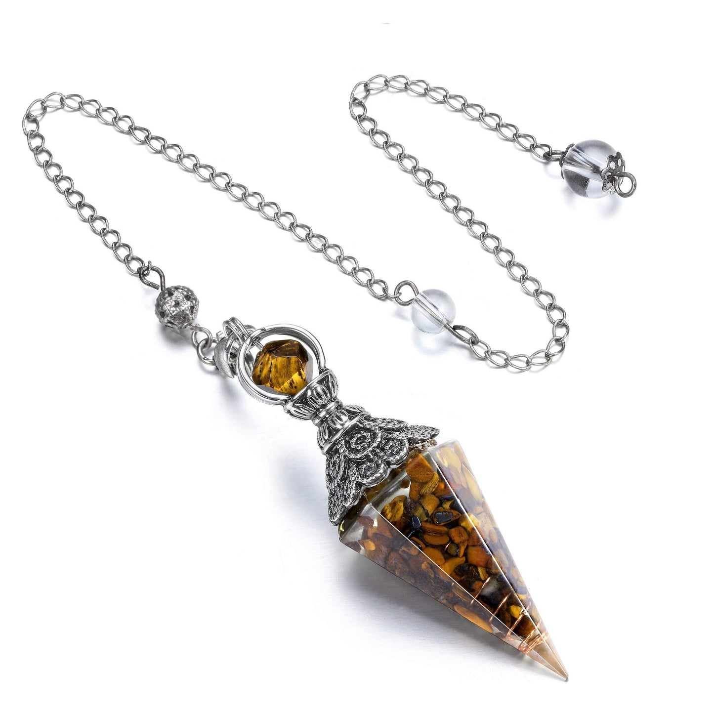 GEHECRST Natural Tiger Eye Healing Crystal Dowsing Pendulum Reiki Gemstone Chips Orgone Pendulum 6 Faceted Hexagonal Pointed Resin Spiritual Pendant for Divination, Wicca, Energy Balancing