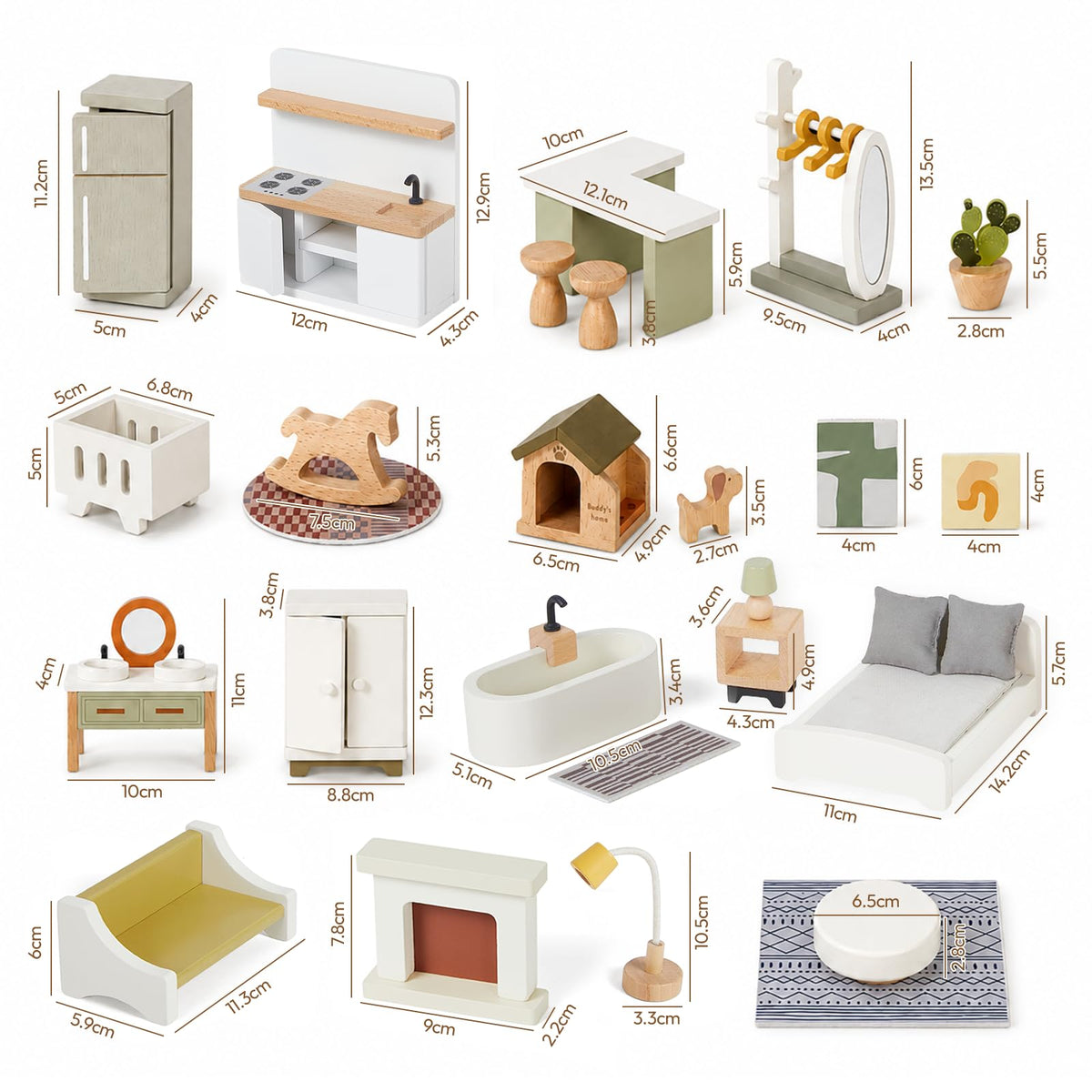 Giant bean 33 PCS Wooden Dollhouse Furniture Set, Modern Doll House Accessories with Bedroom, Kitchen, Bathroom, Nursery & Living Room, Montessori Pretend Play Toys for Kids Girls Boys Age 3+