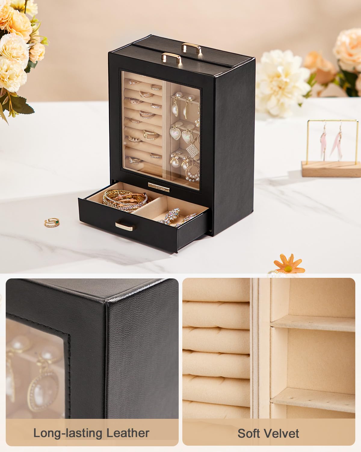Homde Mothers Day Gifts Jewelry Organizer Girls Women Jewelry Box for Necklaces Rings Earrings Gift Bracelets Storage Case (Black + Gold)