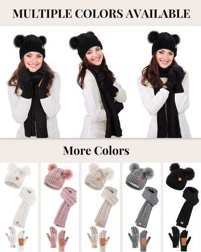 Winter Hat Scarf Glove Set for Women, Warm Fleece Lined Womens Beanie Hat with Double Pom Pom, Gloves with Touchscreen Fingers, Knit Scarf Neck Warmer, Xmas Gift Set for Cold Weather-Black