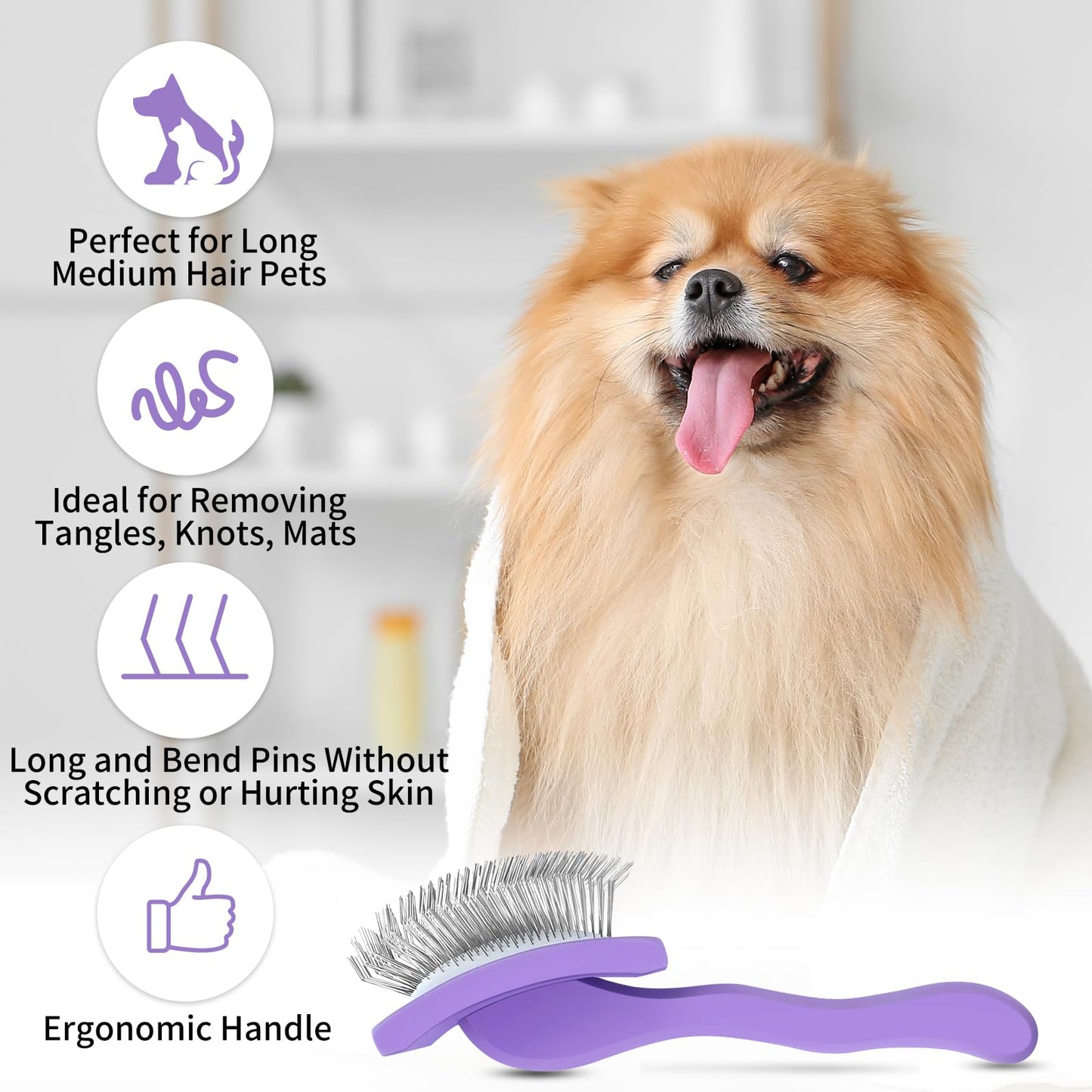 WOPQAEM Slicker Brush for Dogs, Long Pin Dog Grooming Brush for Goldendoodles, Poodles, Doodles & More, Includes Bonus Pet Comb, Perfect for De-Shedding, Dematting & Reducing Tangles. Large, Purple