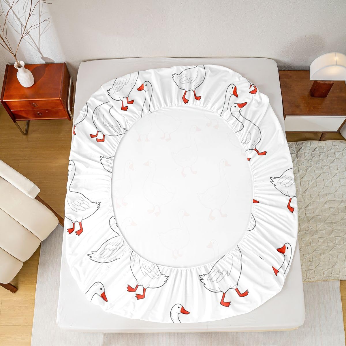 Erosebridal Cartoon Goose Bed Sheets Set Full Kawaii Animal Sheet Set Cute White Geese Sheets Cute Funny Flat Fitted Sheet