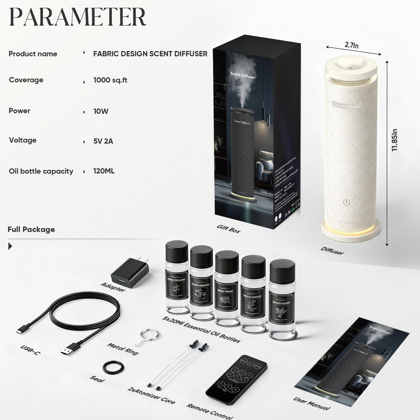 Waterless Scent Diffuser Starter Kit with 5 Oils, Hotel Cold Air Diffuser Oil Machine for Home, 1000 Sq Ft Coverage Boho Diffuser, Quiet Nebulizing Aromatherapy with Remote, Tower Fabric Design, Cream