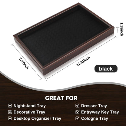 Zosenley Wooden Valet Tray with Leather Base - Nightstand Catchall Organizer for Cologne, Perfume, Keys, Wallet, Phone, Watch, Jewelry & Sunglasses (2Pcs Black)