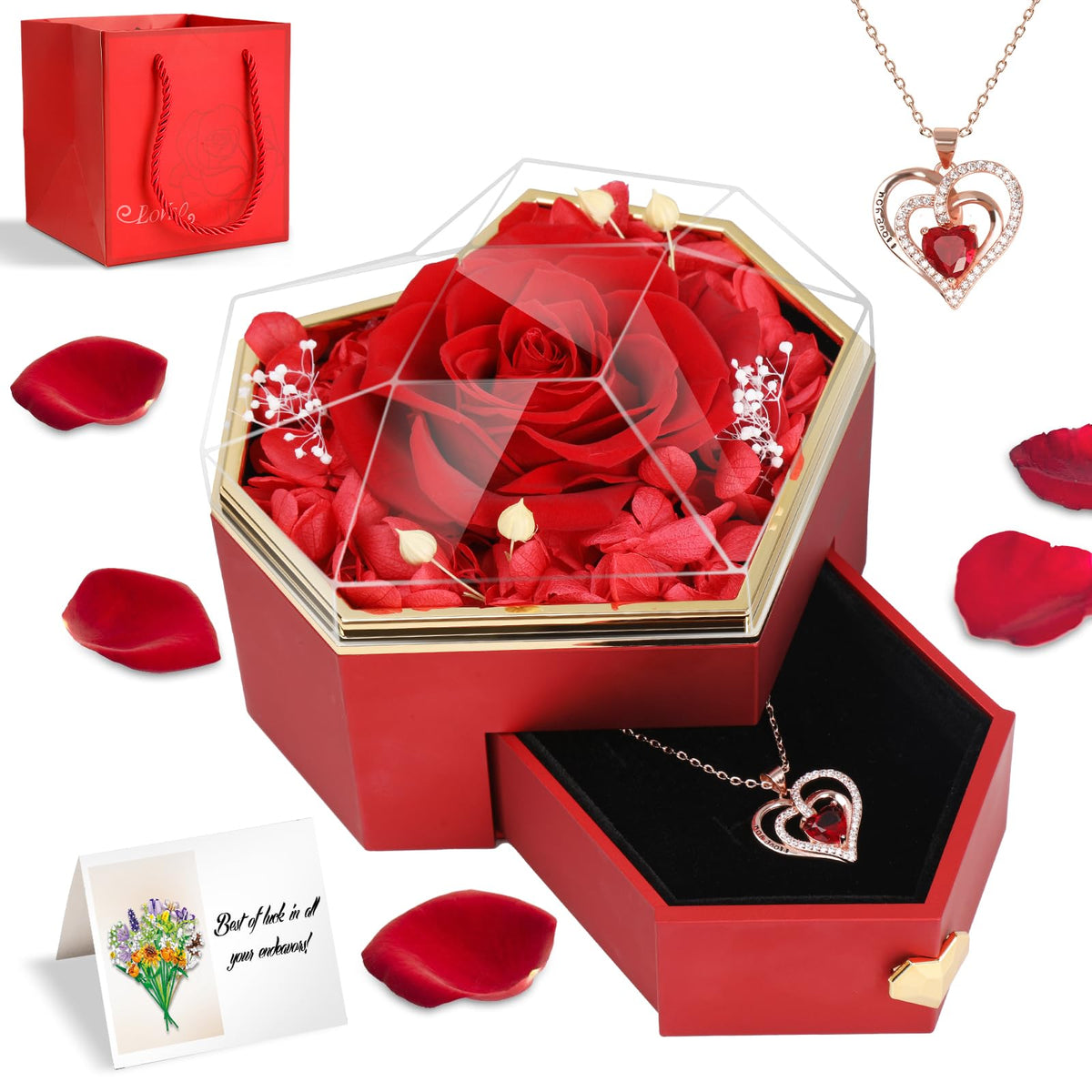 Joniuuca Preserved Real Red Rose Gift Box with Heart Necklace - Eternal Flower Gift for Mothers Day, Girlfriend, Wife, Mom on Valentine's Day, Birthday, Christmas, Anniversary, Thanksgiving(Golden)