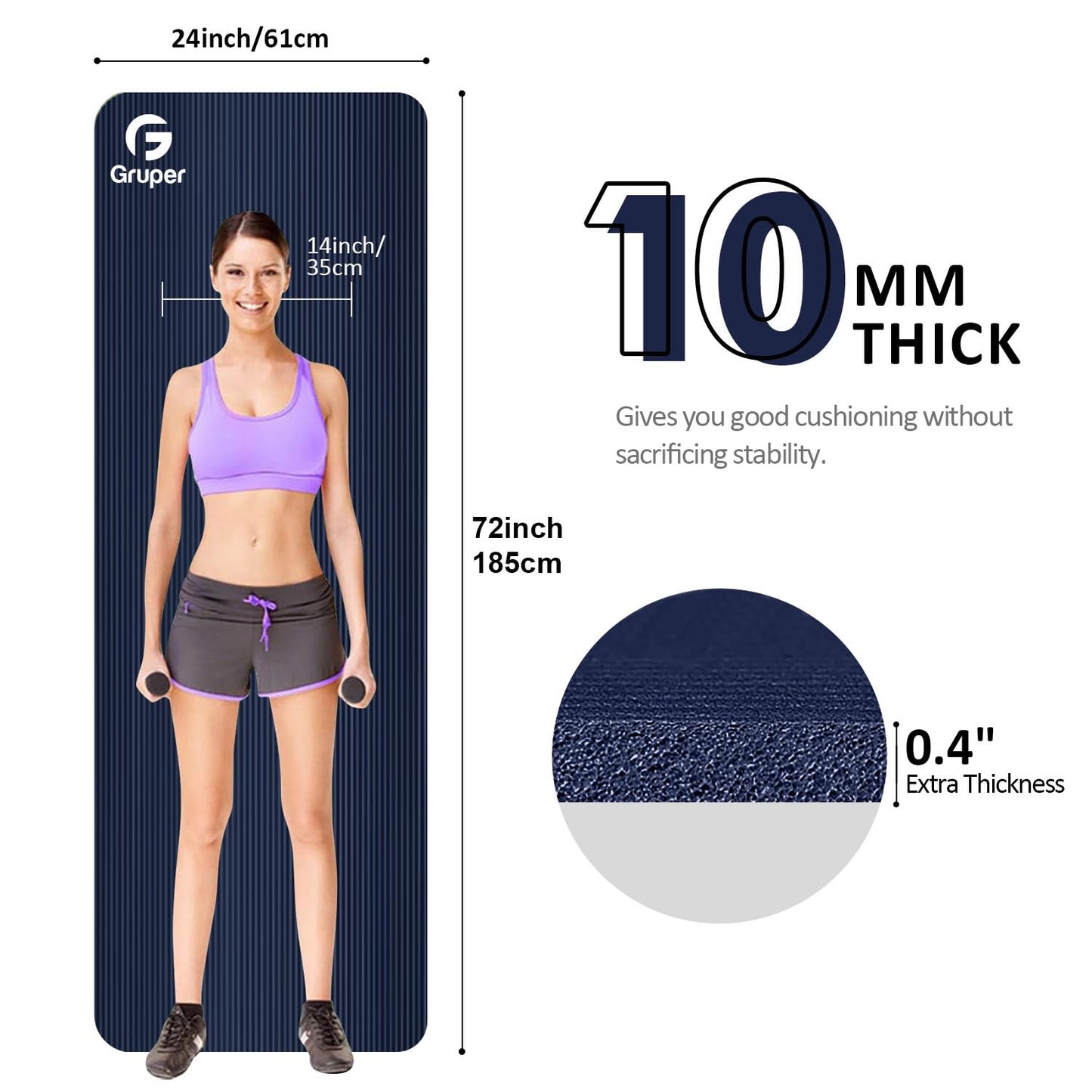 Yoga Mat Non Slip NBR Thick Yoga Mat, 72"L x 32"/24"W x 0.6"/0.4"TH (185cm x 80cm/61cm x 15mm/10mm), Anti-Tear Exercise Mat with Carrying Strap and Bag, Workout Mats for Yoga, Pilates, Floor Exercises