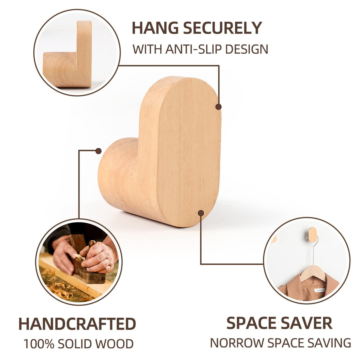 LIVESO Wood Wall Hooks, Modern Minimalist Wood Hooks Wall Mounted, Natural Wooden Wall Coat Hook Rack, Wooden pegs for Hanging Hat, Towel, Robe, Bag (Pack of 4pcs)