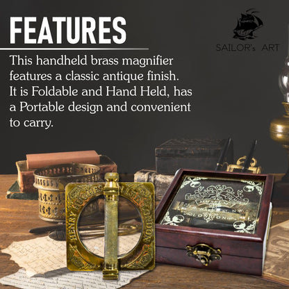 Sailor's Art Antique Brass Sherlock Holmes Fancy Magnifying Glass Handheld Decorative Handle with Wooden Box- Consulting Detective Home Decor- Decorative Design Science Students Detective kit