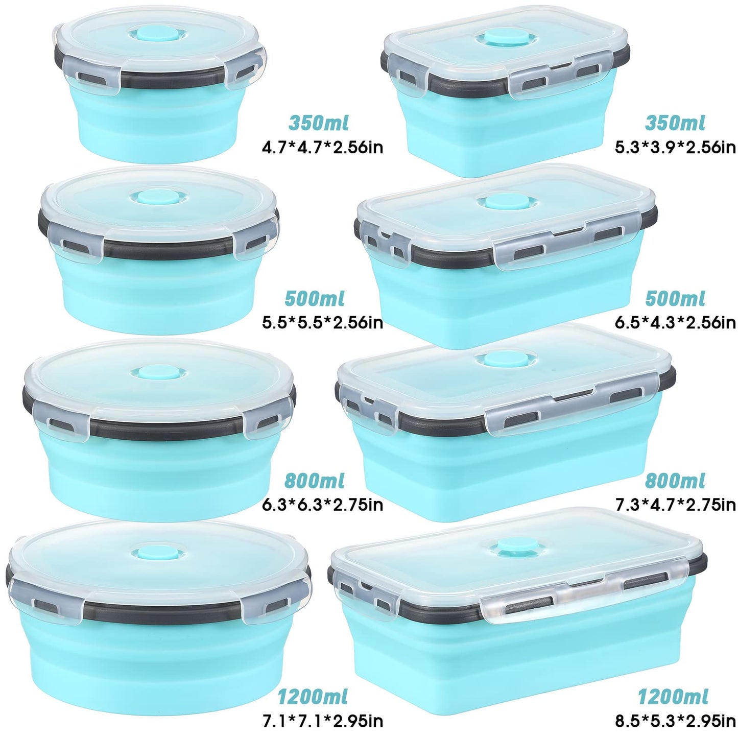 Zopeal 8 Pcs Collapsible Food Storage Containers Foldable Silicone Lunch Containers with Lids 4 Silicone Rectangle Collapsible Bowls and 4 Round Food Bowls Microwave Freezer Dishwasher Safe (Blue)