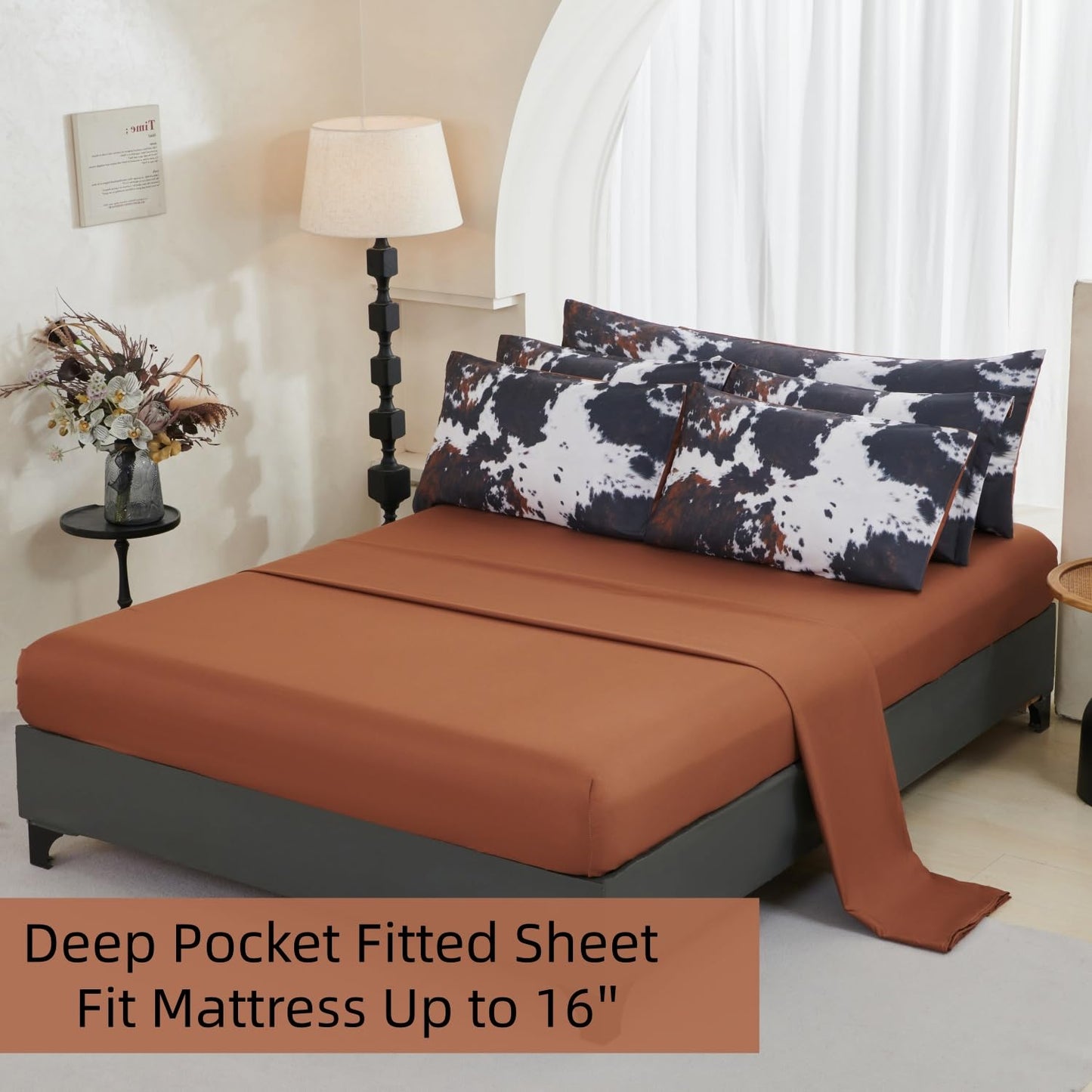 SUCSES Cow Print Comforter Sets Full Size 8 Pieces Brown Bedding Set Farmhourse Western Rustic Bed Set Black and White Bed in A Bag with Flat Fitted Sheet