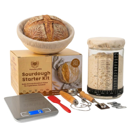 Pancito y Más Sourdough Starter Kit with Digital Scale & 37oz Jar – 12-Piece Complete Bread Baking Set for Beginners with Banneton, Bread Sling & Step-by-Step Guide