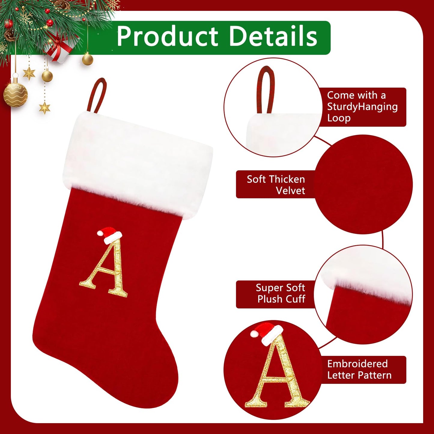 Tokforty 20 Inches Red Velvet with White Super Soft Plush Cuff Monogram Christmas Stockings, Xmas Personalized Embroidered Letter Stockings for Family Holiday Decorations and Xmas Tree Fireplace（K）